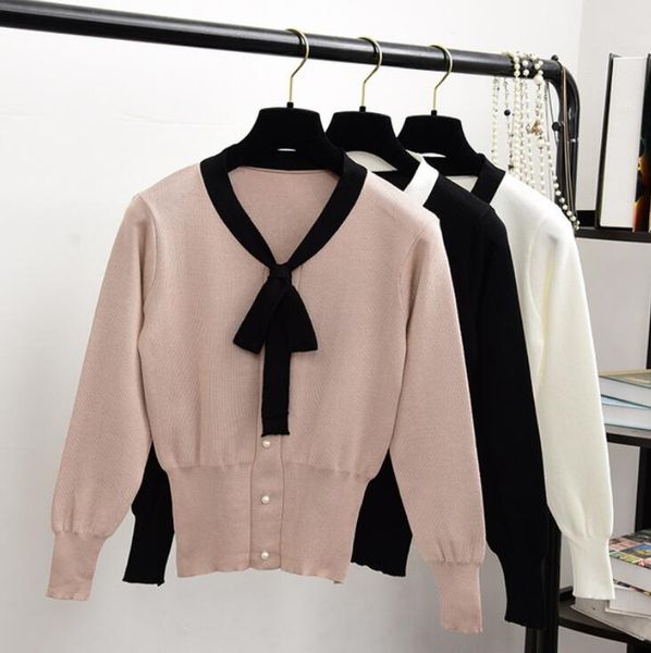 

2019 autumn winter outfit womens sweater bowknot knit cardigan sweaters girls long sleeve short knitting coat students knitwear, White;black
