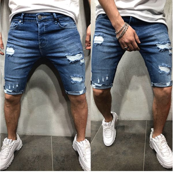 

summer new men's broken hole stretch short jeans fashion casual slim fit elastic denim shorts male brand clothes, Blue