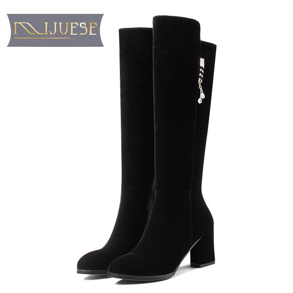 

mljuese 2018 women knee high boots flock winter boots metal slip on round toe short plush black color high size 40