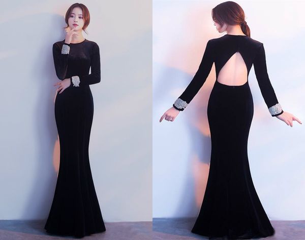 

2020 black mermaid evening dresses jewel long sleeve satin beaded formal bridal gown custom made back hollow sweep train pageant gown, Black;red