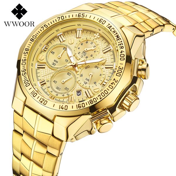 

wwoor 8868 brand luxury golden chronograph men watches stainless steel military calendar clock waterproof men quartz watch man, Slivery;brown