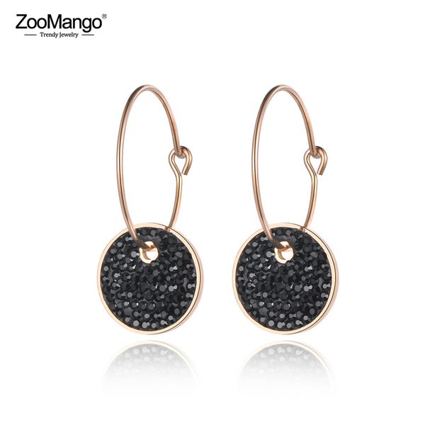 

zoomango stainless steel hoop earrings white & black round clay crystals rose gold party jewelry wedding earrings gift ze18459, Golden;silver