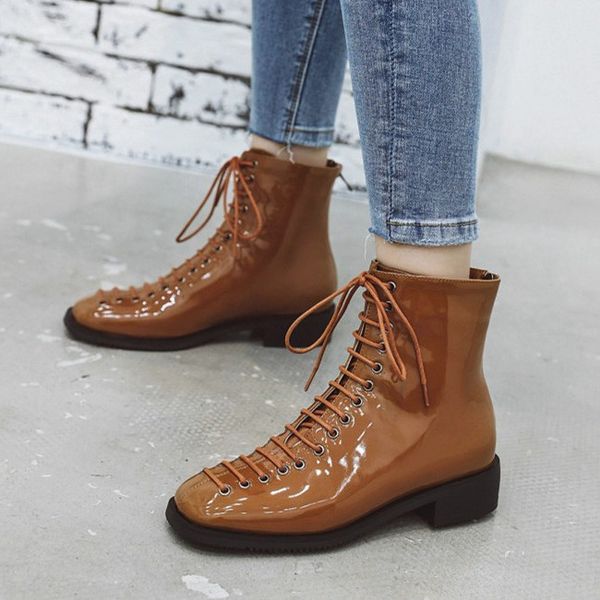 

pxelena gladiator rome punk boots women lace up square toe low heels motorcycle combat goth ankle boots shoes, Black