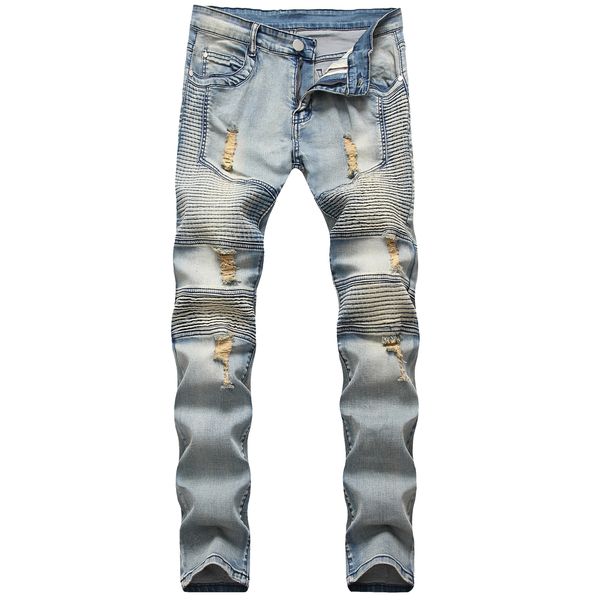 

europe and the united states hole classic nostalgic jeans men's wrinkle hole men's pants fashion small straight fit men's pants wholesale