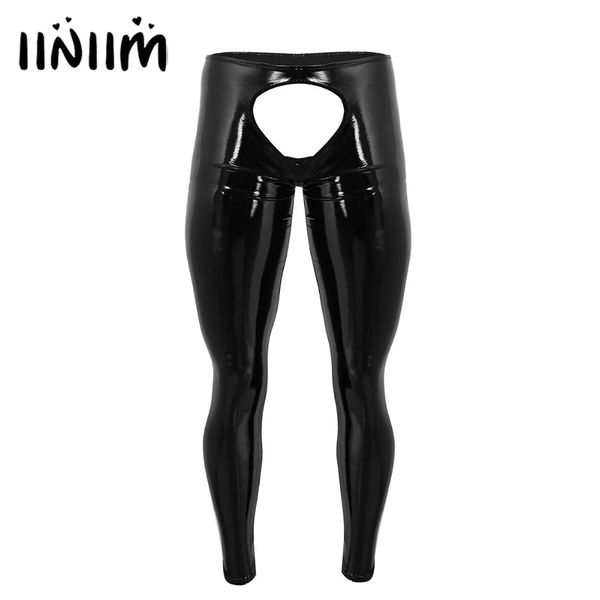 

iiniim gay mens lingerie shiny patent leather open back and open pouch tight pants leggings night clubwear parties trousers, Black