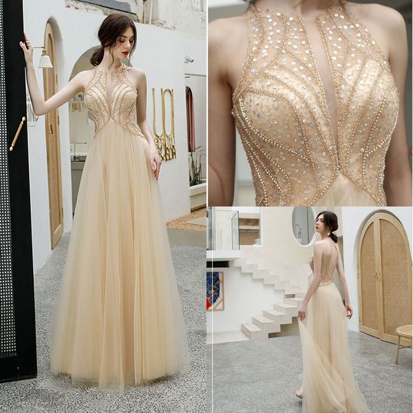 

2020 new illusion champagne evening dresses long luxury crystals halter prom party gowns plus size robe de soiree, Black;red