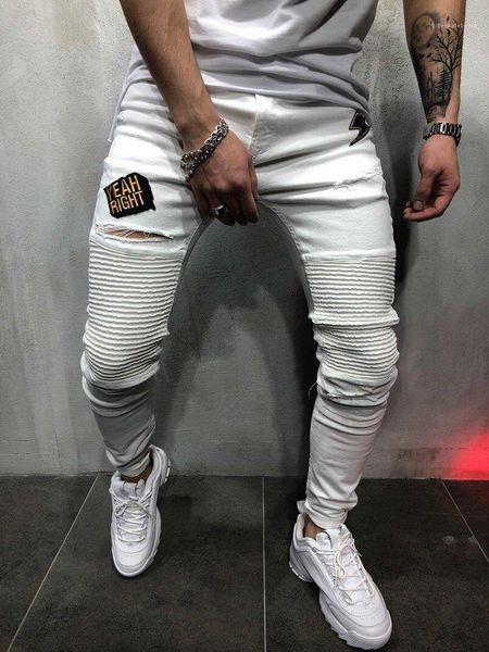 

zipper pencil pants casual light male denim trousers fashion mens designer holes jeans letter print long skinny, Blue
