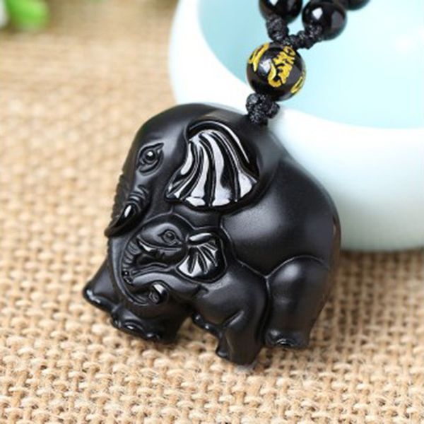 

jadery handmade natural obsidian auspicious wealthy mother elephant jade pendant necklace gemstone crystal bead chain necklaces, Silver