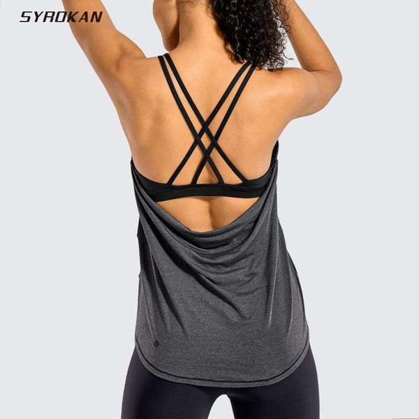

syrokan women's workout tank with built in bra sleeveless shirts open back activewear, Black;blue