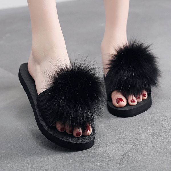 

fluffy slippers fur slides indoor women summer casual shoes women flat beach shoes non-slip slippers ladies home, Black