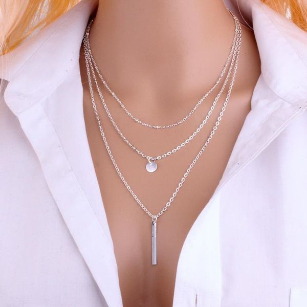 

women's copper bead chain sequins metal strip multi-layer necklace fashion simple clavicle chain ladies personality jewelry, Silver