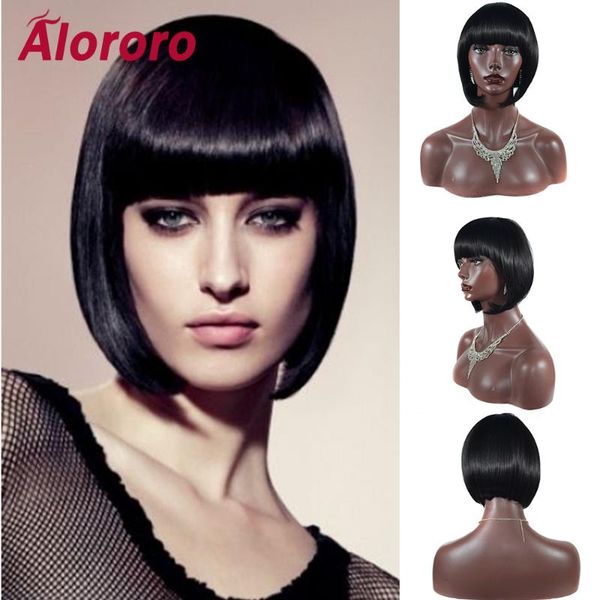 

alororo short straight wigs women's wig with bangs 10 inches soft hair black wig heat resistant fibers synthetic bob style