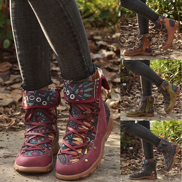 

new retro style women embroidery flat zipper keep warm short boot round toe, Black