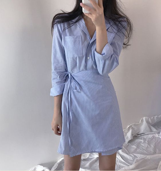 

2019 autumn clothing south korea fake 2-piece solid lace-up stripes shirt dress, Black;gray