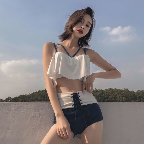

2019 flounces color matching bikini spring swimsuit female split bikini high waist conservative steel brace gathered swimsuit, White;black