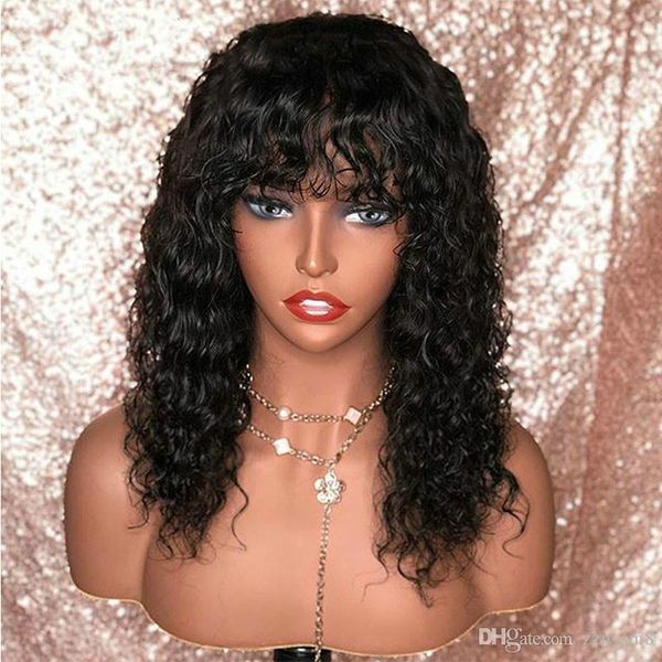 

16inch 360 lace фронтальная парик с челкой pre сорванные с ребенком волос 180% глубокая волна бразильский завитые боб фронта шнурка человече, Black