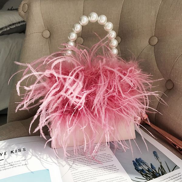 

women fashion ostrich feather handbag soft touch beautiful style pearl handle special lady crossbody shoulder clutch purse