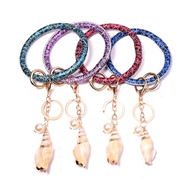 

shell pendant bracelet pu leather wrist key ring sports keychain bracelets bangle shell bracelet o keyring jewelry round key chains holder, Slivery;golden