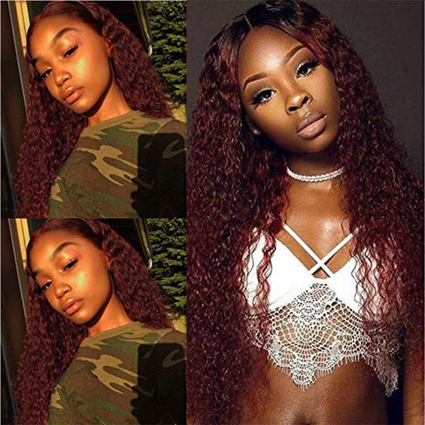 

1b / красный ombre 99j полный шнурок кудрявый парик человеческих волос 360 lace фронтальная человеческих волос парики preplucked burgundy 13, Black