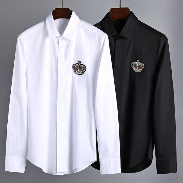 

2019 crown embroidery long sleeve shirt men casual street wear mens dress shirts camisas masculina social casuais, White;black