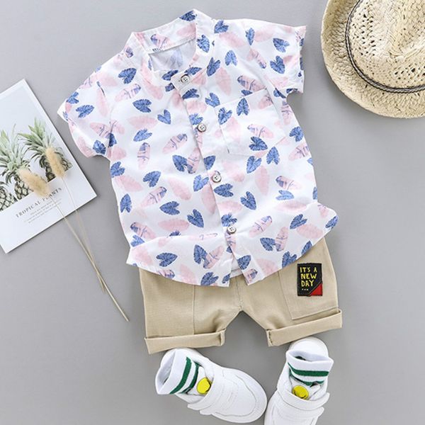 

малыш baby boy одежда 2020 мальчиков среднего и маленьких детей 1-4 лет ребенок stand collar полная печатная рубашка шорты комплект, White