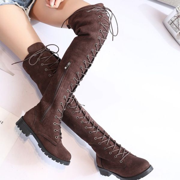 

olomm thigh high boots lace women's shoes over the knee boots flat ladies rubber women's shoes large size 35-43, Black