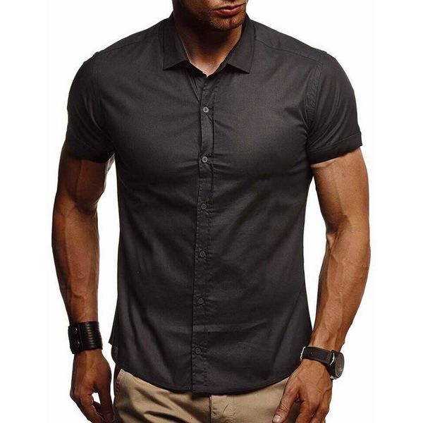 

2019 men's dress shirt short sleeve casual business formal shirt men summer slim fit solid color office style clothes, White;black