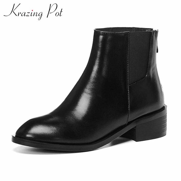 

krazing pot genuine leather boots classic concise black colors round toe med heels women warm back zip ankle boots l02