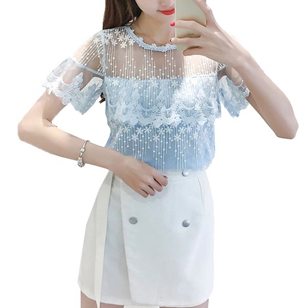 

2019 women fashion lace mesh shirt blouse summer elegant ruffle sweet short sleeve hollow out blouses shirt blusa feminina, White