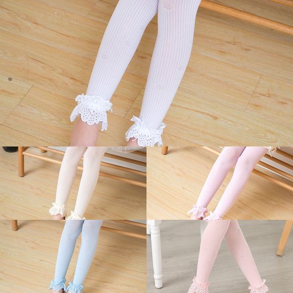 

2020 fashionable fan thin crown vertical lace children's ankle-length tight tight pants lace tights pants girls' candy color leggi, Blue