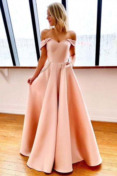 

off-shoulder dinner dress satin a line formal evening dress with pockets robe de soiree custom made, Black;red