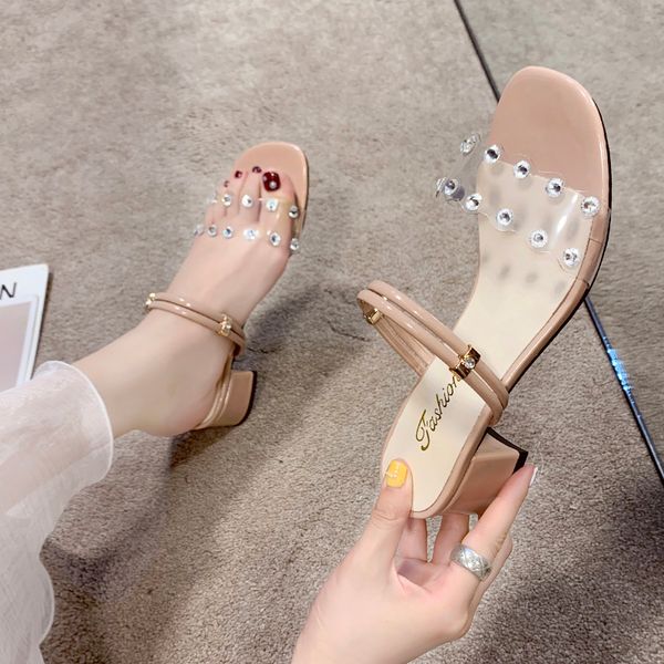 

shoes woman 2020 woman's slippers square heel transparent heel cover toe slides rivet med new block summer soft, Black