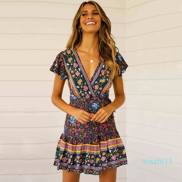 

fashion-new summer dresses for womens short sleeve bohemian beach pleated dress v-neck pendulum flower casual dress women clothing s-xl, Black;gray