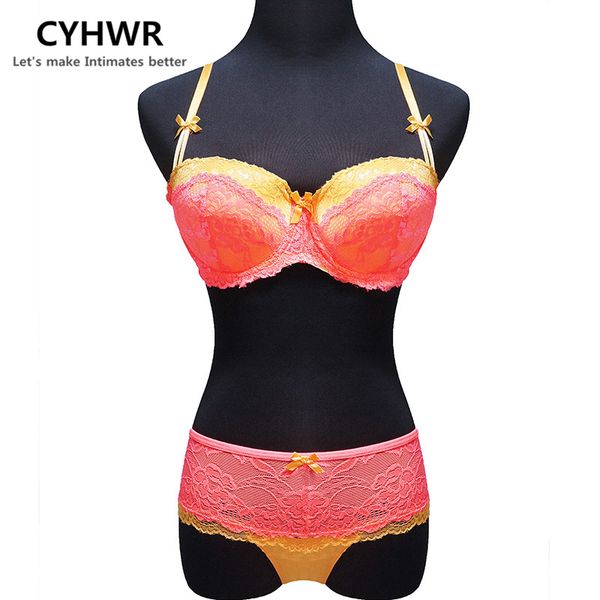 

cyhwr women's lace push up underwear set bow deep v bras for large sizes lingerie d e cup, Red;black