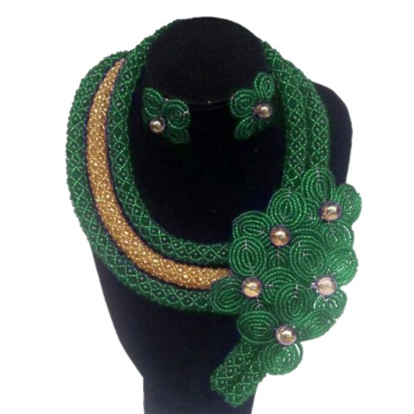 

dudo dubai jewelry sets 4colors green african beads necklace set 3 layers mix -color handmade flower jewellery set 2019 fashion, Slivery;golden