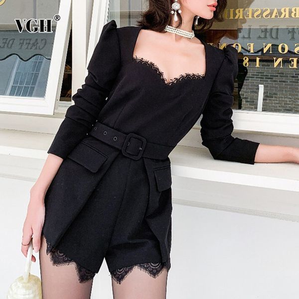 

vgh patchwork lace women's jumpsuits square collar long sleeve high waist slim jumpsuit female 2019 autumn fashion new clothes, Black;white