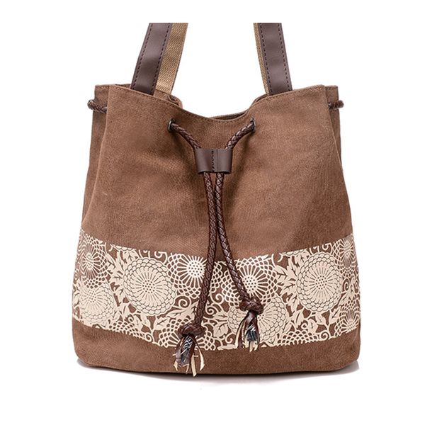 

women's canvas retro printing folk-custom drawstring handbag