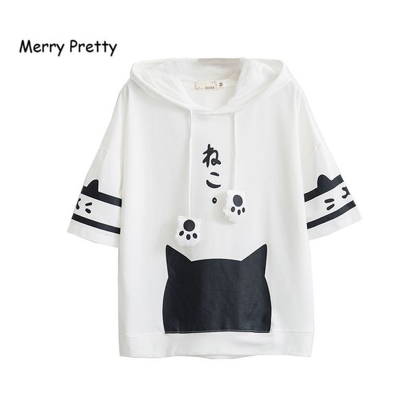 

merry pretty t shirt women harajuku japan style kawaii cat tshirt white hooded short sleeve cotton girls tumblr friends tshirts cx200619