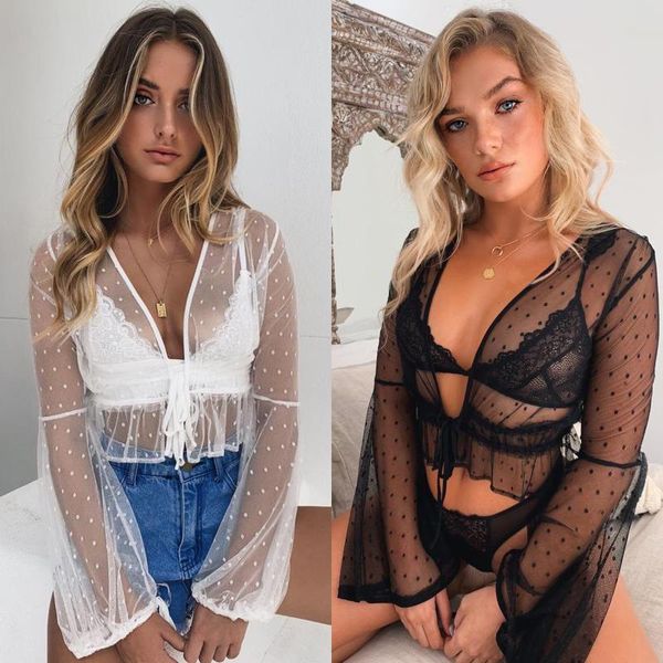 

women swimwear mesh polka dot cover-ups cardigan see through swim bikini cover up beach bathing suitp, Blue;gray