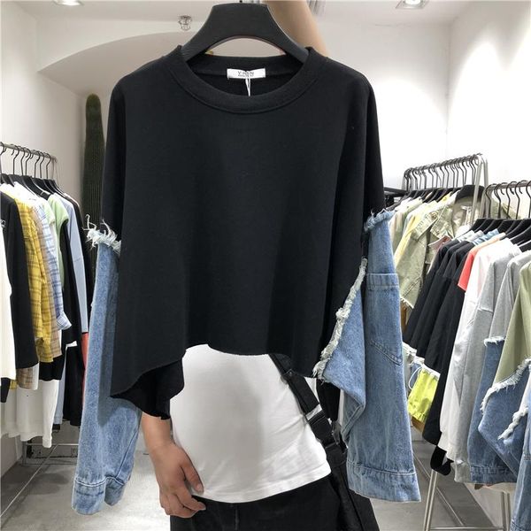 

ewq] 2020 spring autumn new pattern round collar long sleeve denim patchwork pullovers streetwear sweatshirt women ah61206 t200103, Black