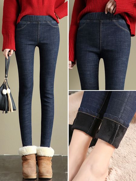

2020 spring winter woman jeans high waist skinny bound feet denim pants cotton velvet trousers thicken cowboy lady pencil jeans, Blue