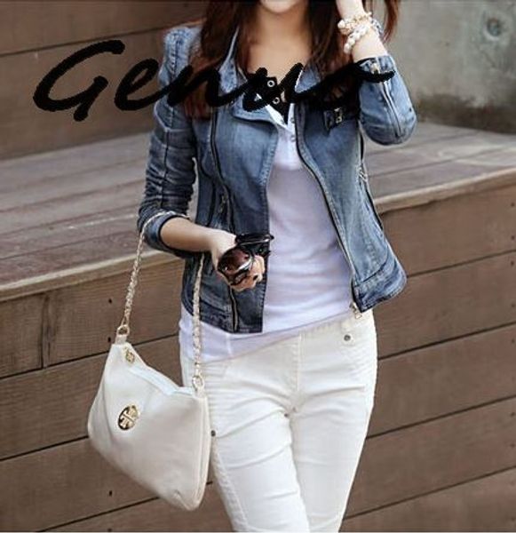 

genuo new fast shipping fashion womens vintage denim jean slim fit lapel zip short jacket coat size s m  xl, Black;brown