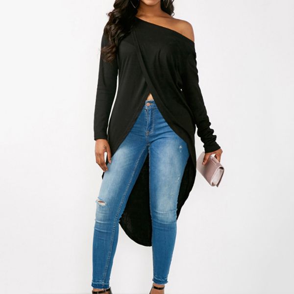 

women irregular t-shirt spring autumn loose tee shirts fashion long sleeve split asymmetric tees casual o-neck shirts, White