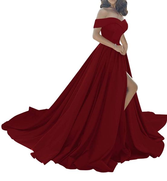 

dark red off the shoulder long satin evening dresses 2019 high split v-neck prom gowns vestidos de fiesta ba6777, Black;red