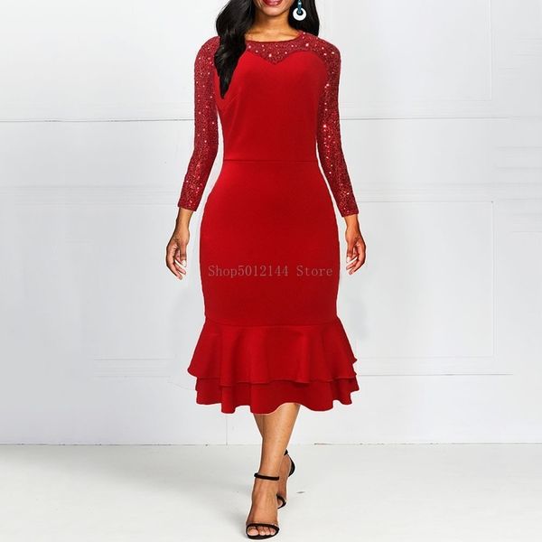 

women elegant sequins trumpet mermaid dress ruffled skinny long party dress falbala solid red autumn ol dress patchwork vestidos, Black;pink