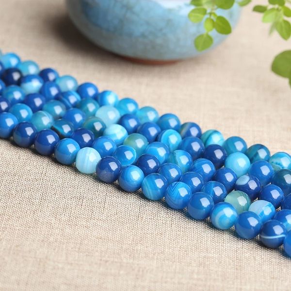 Blue Stripe Agate Onyx Gem Round Loose Bead 15/"