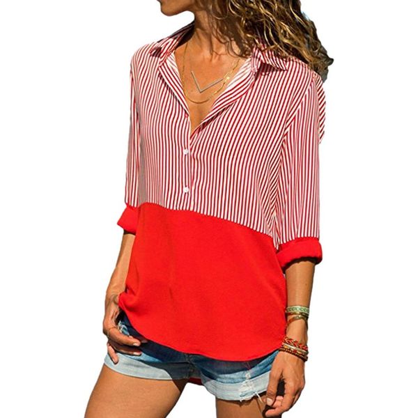 

heflashor 2018 women shirts fashion long sleeve stripe patchwork shirt ladies v neck blouses plus size 4xl 5xl, White