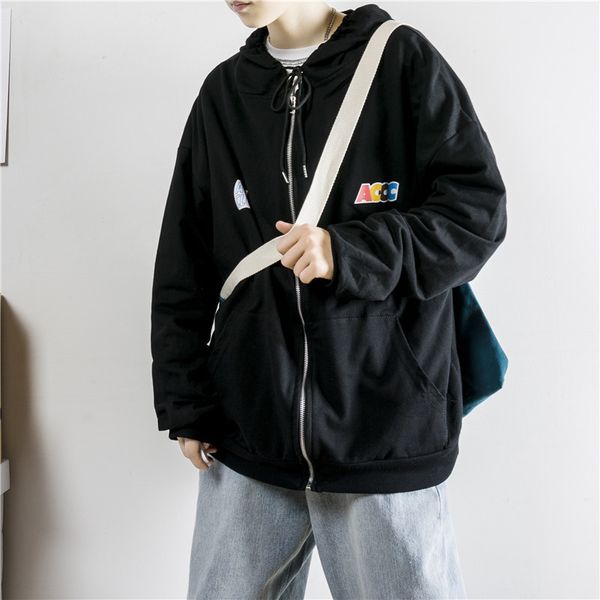 

2019 autumn and winter men's new casual solid color letter pattern printing hooded cardigan hoodies loose temperament cotton, Black