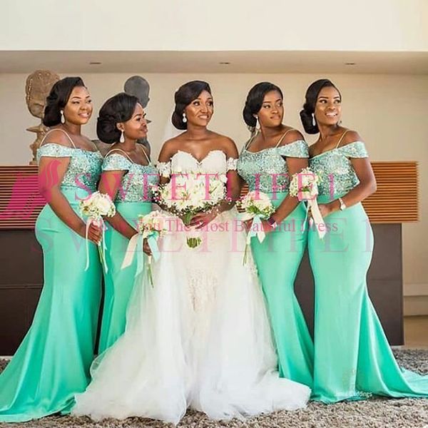 

2020 Южная Африка Стиль Off наплечного Bridemaid платья Шнурок Аппликации Русалка Дева честь гостей свадьбы Gowm сшитое Горячие продажи