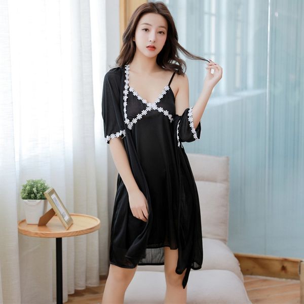 

2pcs summer silk satin short sleeve robe & gown sets for women lace lingerie nightgown nightdress sleepwear night dress, Black;red